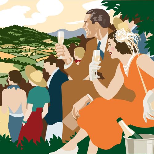 Couple drinking champagne illustration by Colin Elgie