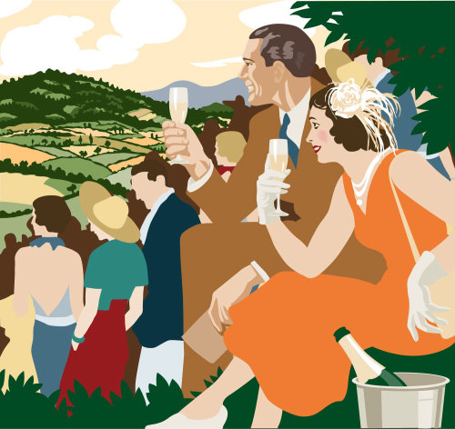 Couple drinking champagne illustration by Colin Elgie
