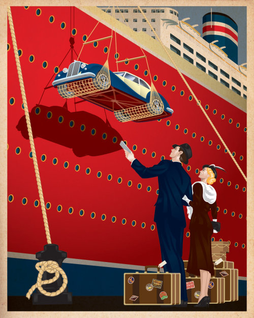 An illustration of dockside travel poster