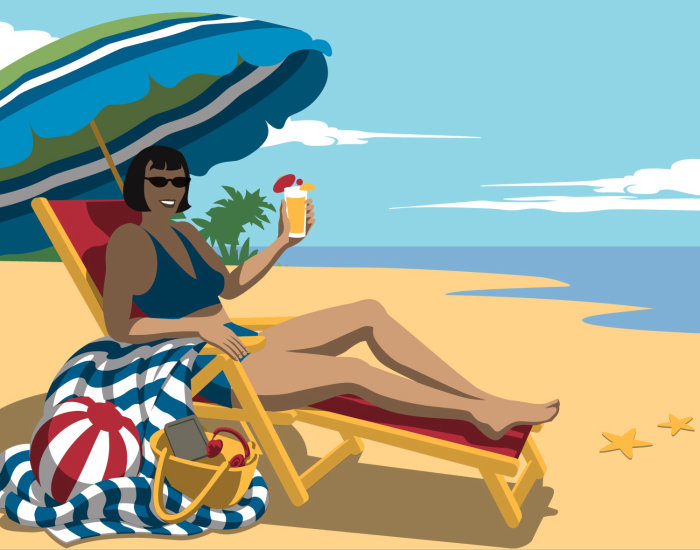 Uma ilustração de uma mulher na praia sob um guarda-sol