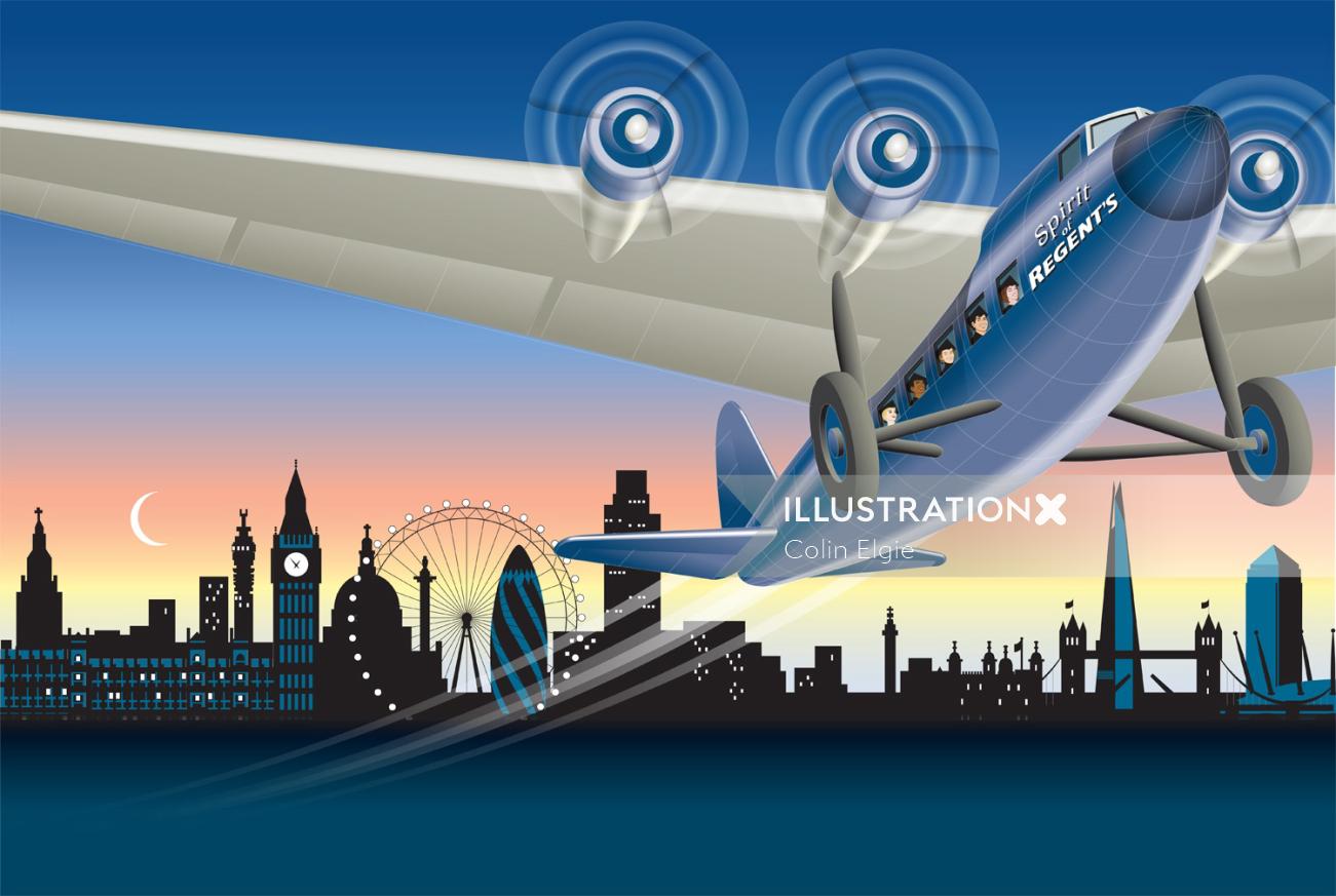 Un avión despegando ilustración de Colin Elgie