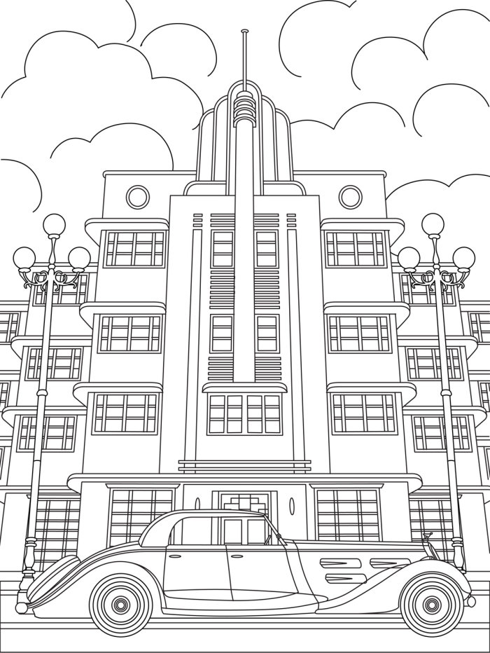 Desenho de linha do edifício Deco e carro
