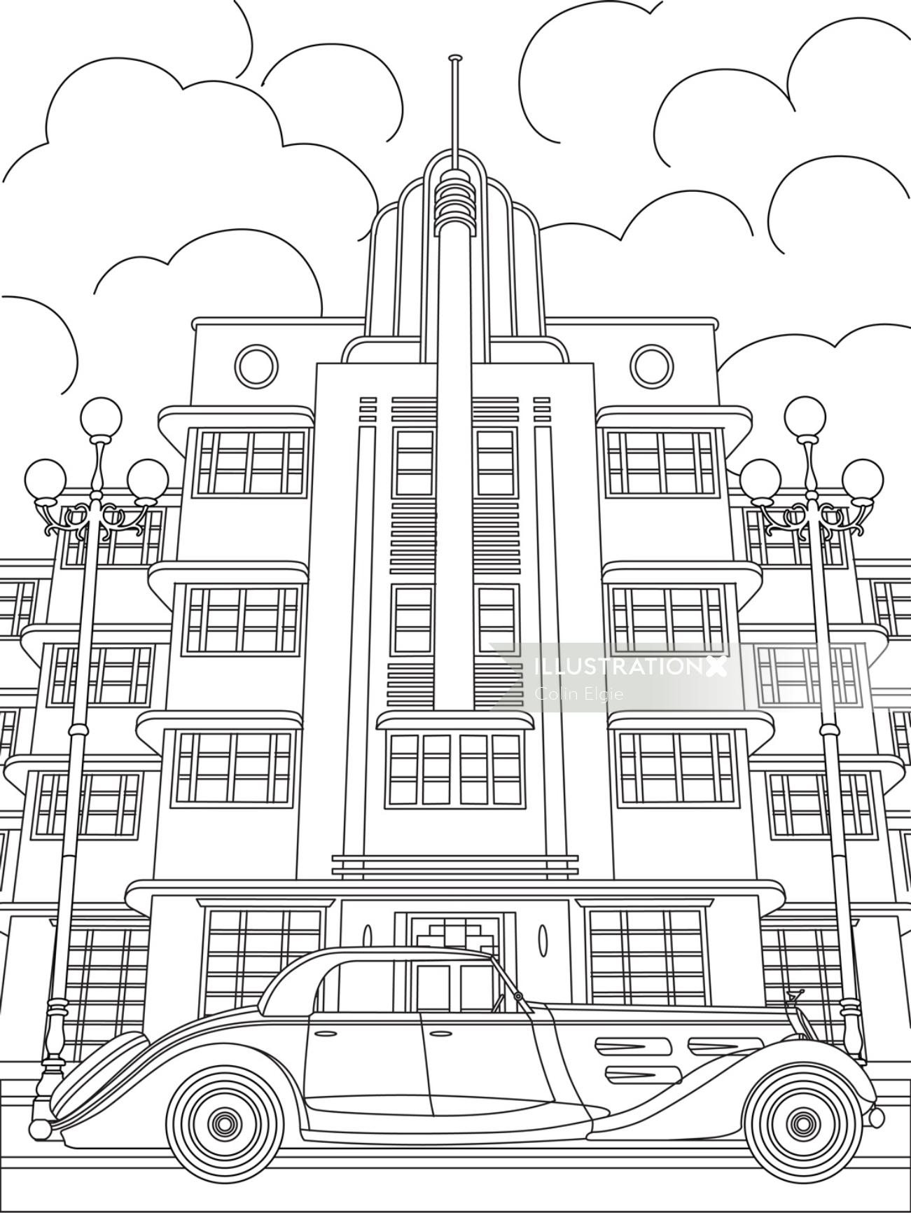 Line drawing of Deco building and car