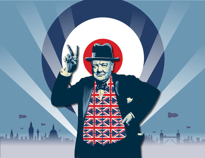 Graphic of man in British dress with victory symbol
