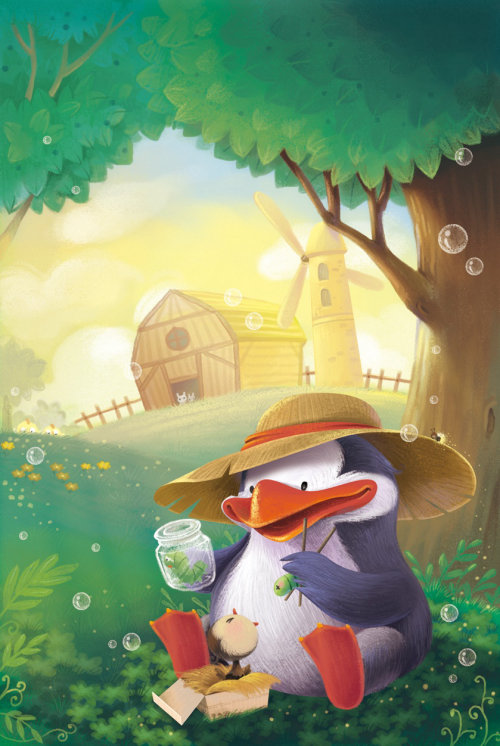 Duck With Baby Penguin Children's Illustration
