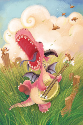 Personaje de dibujos animados de dragón con guitarra
