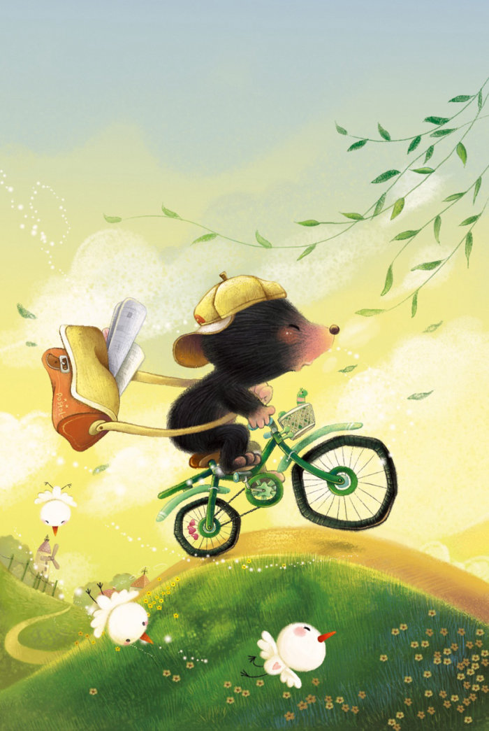 Personagem de desenho animado de rato de correio andando de bicicleta