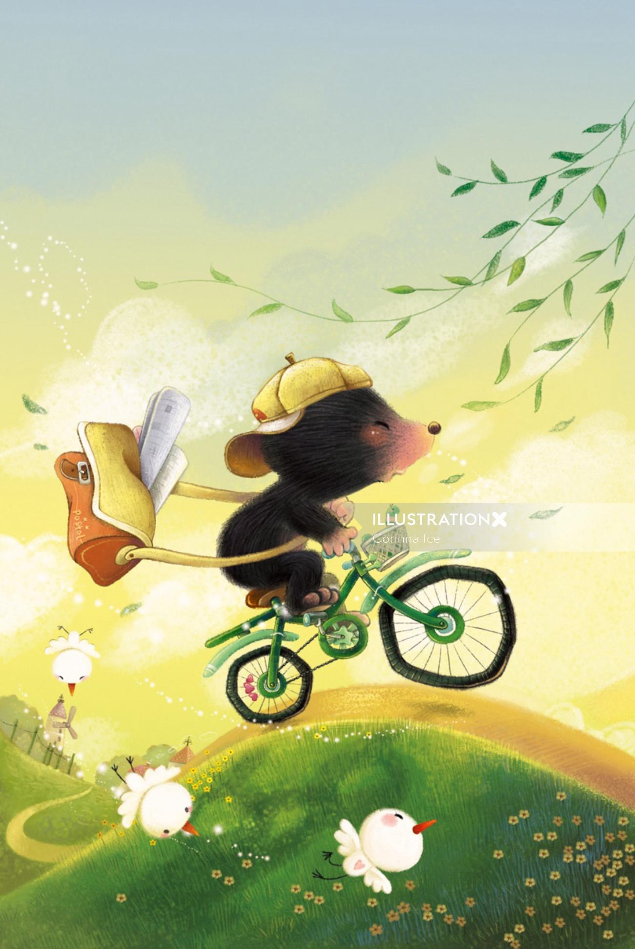 Cartoon character of mailer rat riding bicycle