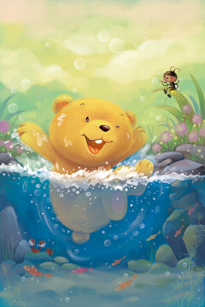 Ilustração dos desenhos animados de urso nadando