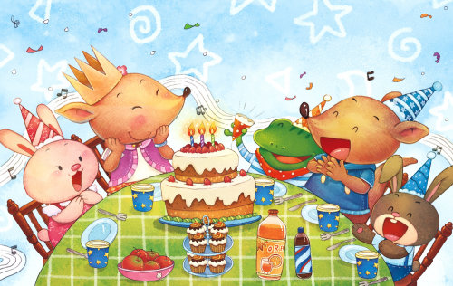 cartoony animals celebrating the birthday party
