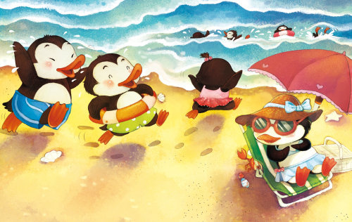 鸭子在海滩上的卡通插图