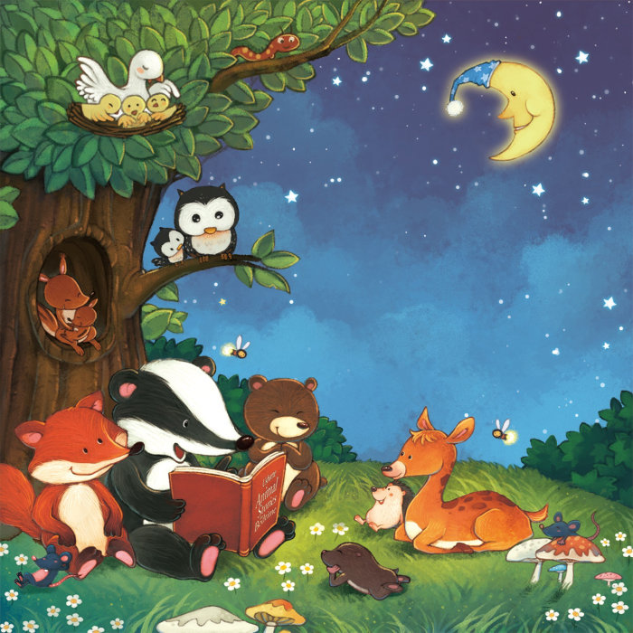 Forest animals listen as bear reads the story before bedtime