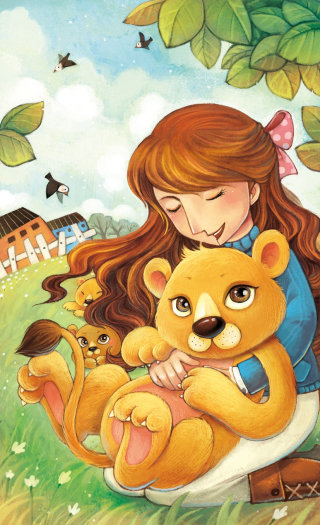 Ilustración infantil de una niña con lindos leones.