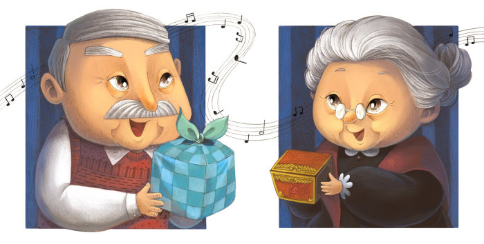 Une illustration de couple de personnes âgées avec des coffrets cadeaux