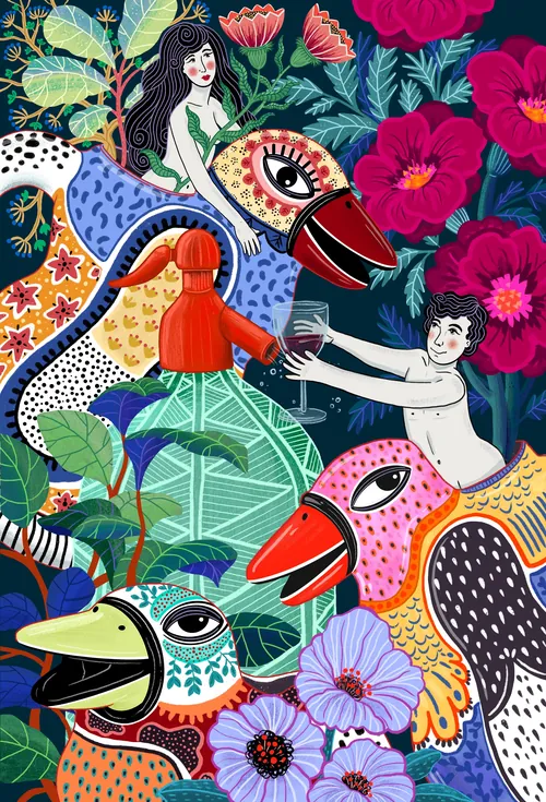 Surreal Argentine folkloric scene with colorful penguin figures and flowers by Coty Borio