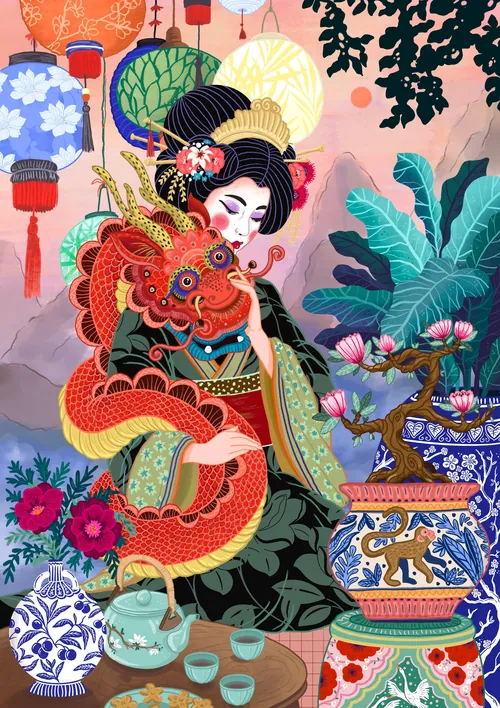Illustration ornée d'inspiration asiatique représentant un dragon cérémoniel