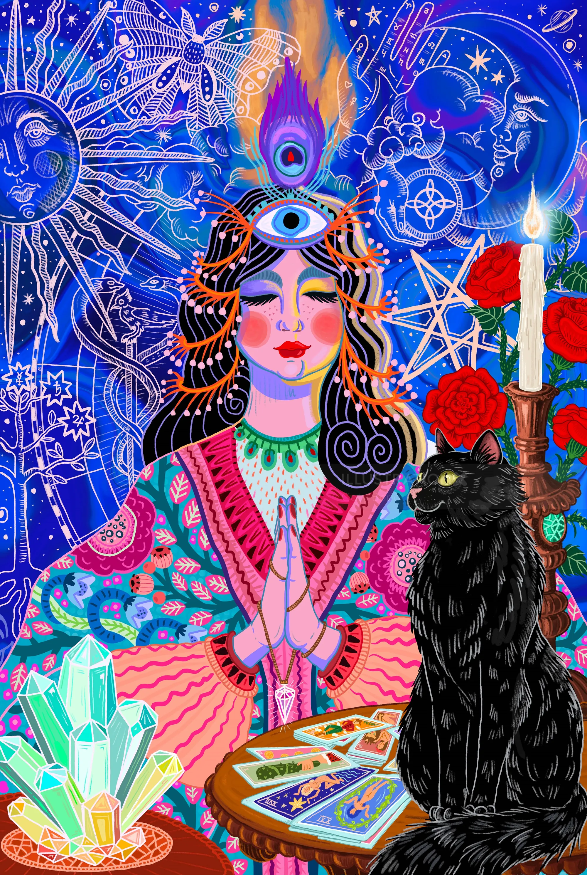Illustration de Coty Borio représentant une cartomancienne avec un chat noir et des cristaux.