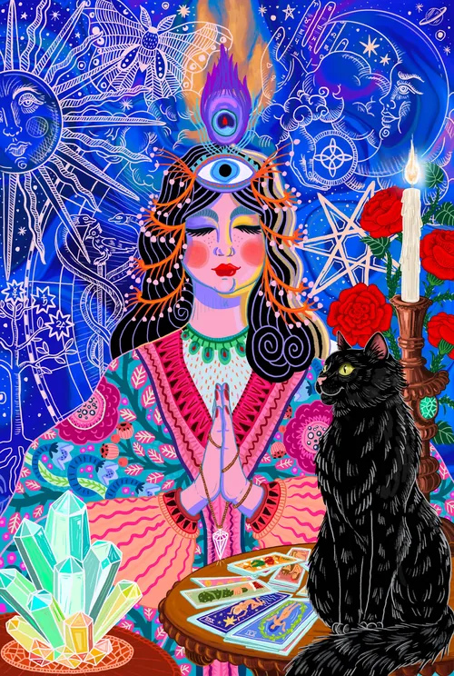 Illustration de Coty Borio représentant une cartomancienne avec un chat noir et des cristaux.
