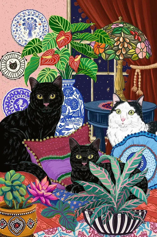 Illustration de Coty Borio représentant trois chats entourés de plantes, de porcelaine bleue et d'une lampe Tiffany.