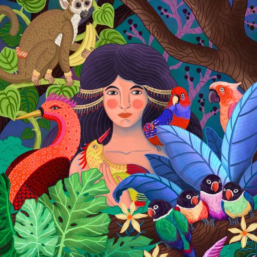 Coty Borio illustration of a woman surrounded by tropical plants, birds, and a monkey
