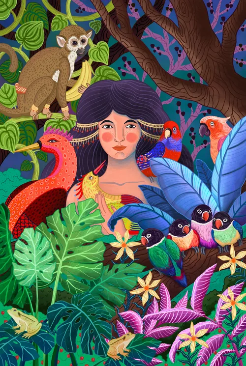 Art tropical représentant la jungle, avec une flore et une faune exotiques