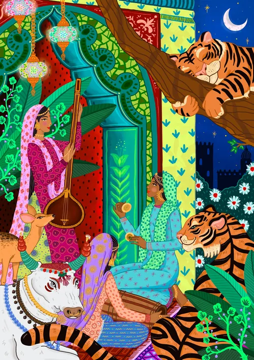 Coty Borio's colorful Indian palace scene with musicians, tigers, a cow, and a crescent moon