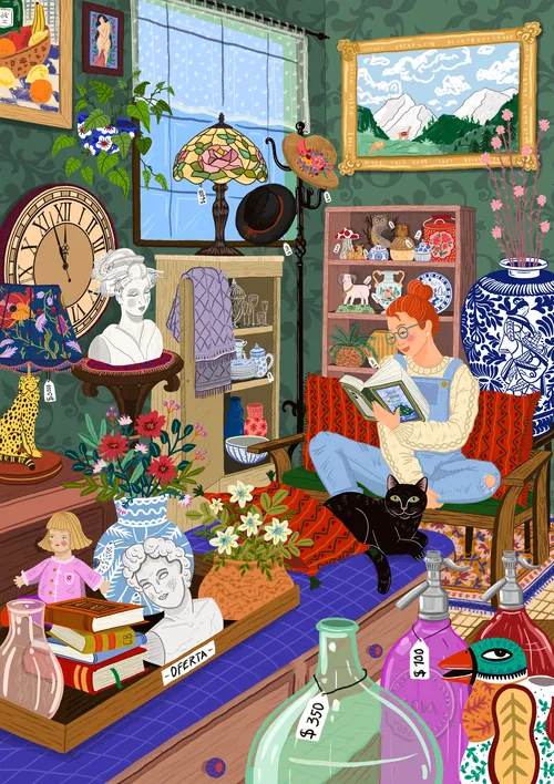 Scène de lecture confortable dans un intérieur d'inspiration antique