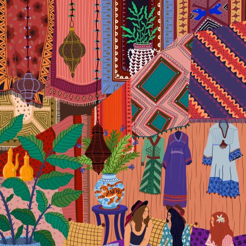 Coty Borio illustration of women relaxing among colorful Moroccan textiles and plants
