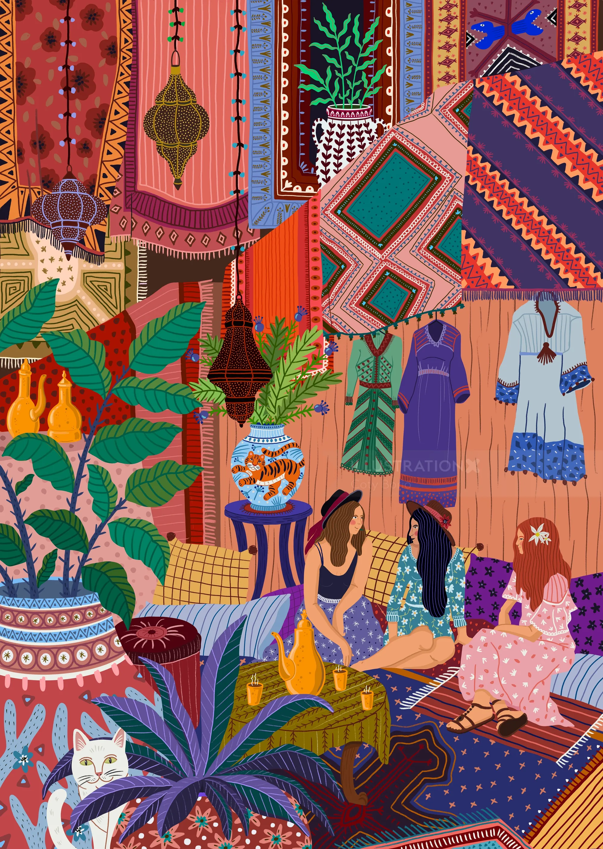 Moroccan tea scene with patterned rugs and hanging textiles