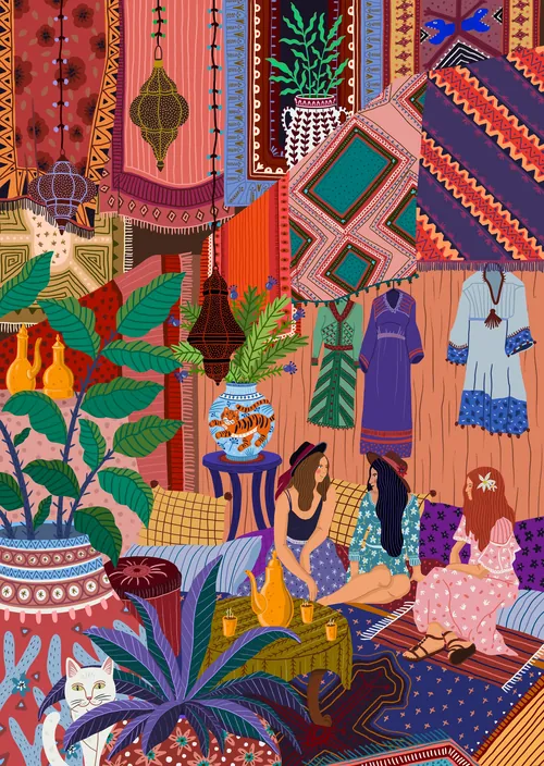 Scène de thé marocaine avec tapis à motifs et textiles suspendus