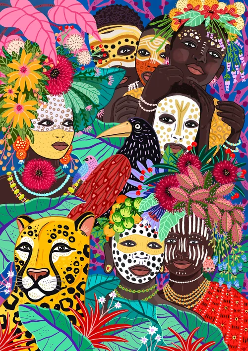 Coty Borio artwork with tribal portraits, flowers, foliage, and a leopard