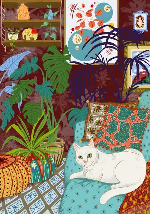 Illustration de Coty Borio représentant un chat blanc dans un intérieur botanique luxuriant