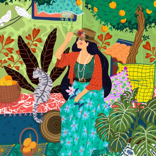 Coty Borio illustration of a woman relaxing beneath an orange tree with a white cat