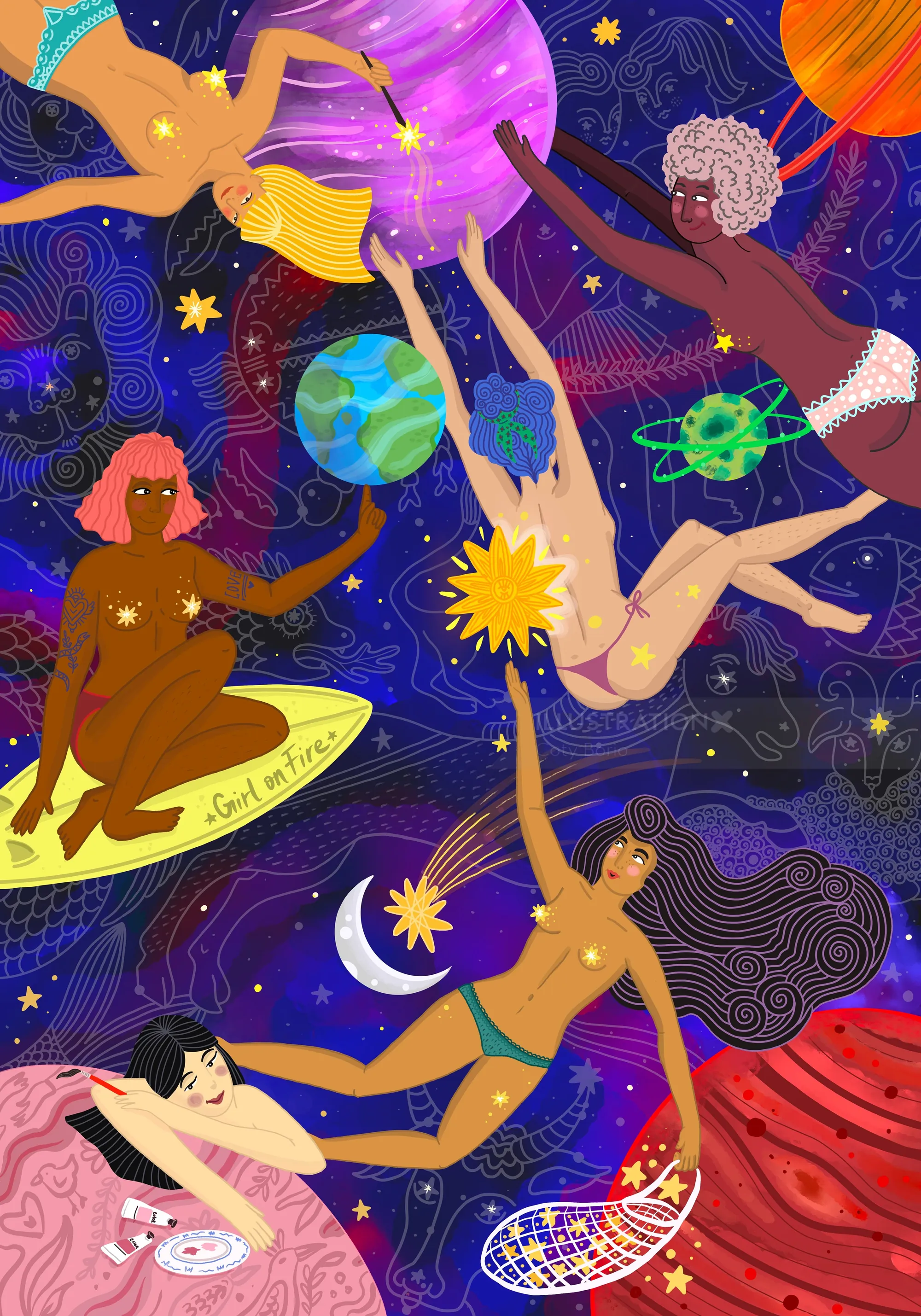 Des femmes cosmiques oniriques flottant parmi les planètes, par Coty Borio