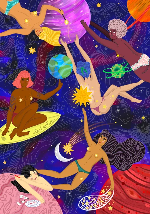 Des femmes cosmiques oniriques flottant parmi les planètes, par Coty Borio