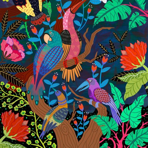Coty Borio illustration of colorful tropical birds in dense jungle foliage