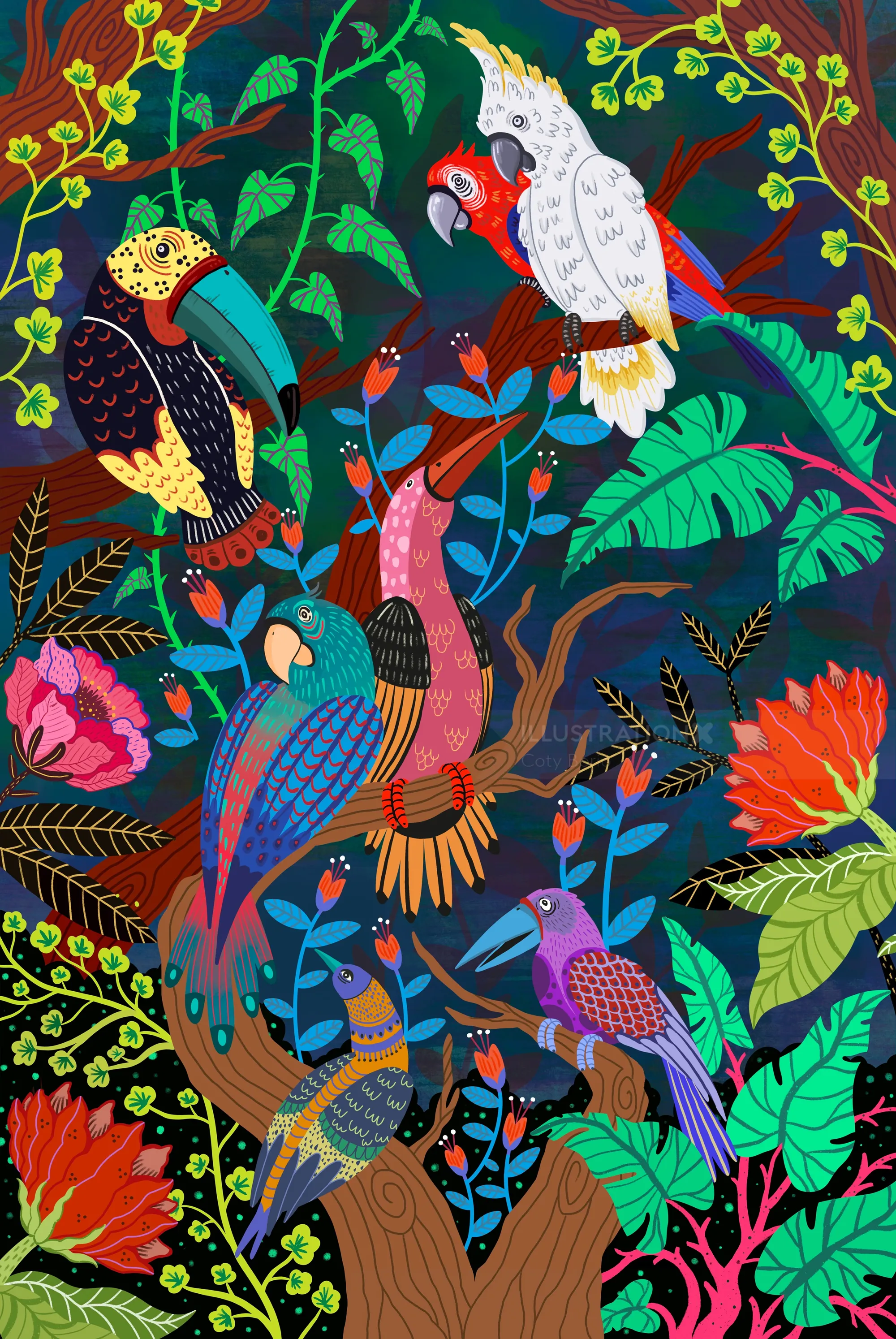 A lush night jungle drawing filled with vibrant tropical birds