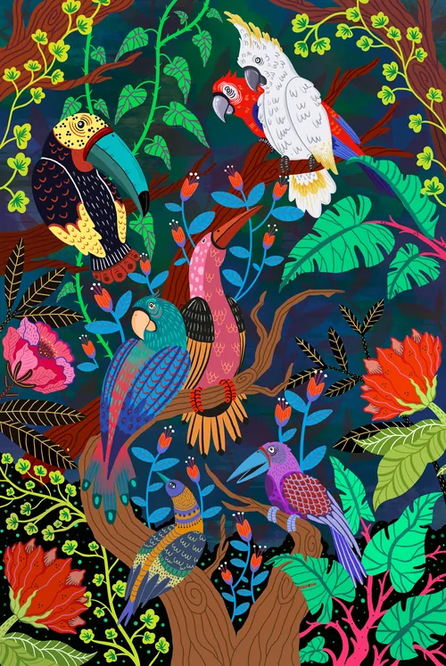 Coty Borio illustration of colorful tropical birds in dense jungle foliage