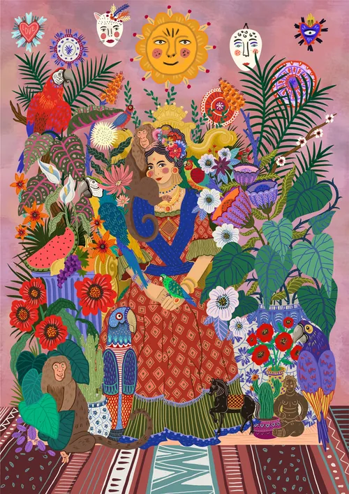 Coty Borio illustration of Frida Kahlo in traditional attire amid tropical plants and animals