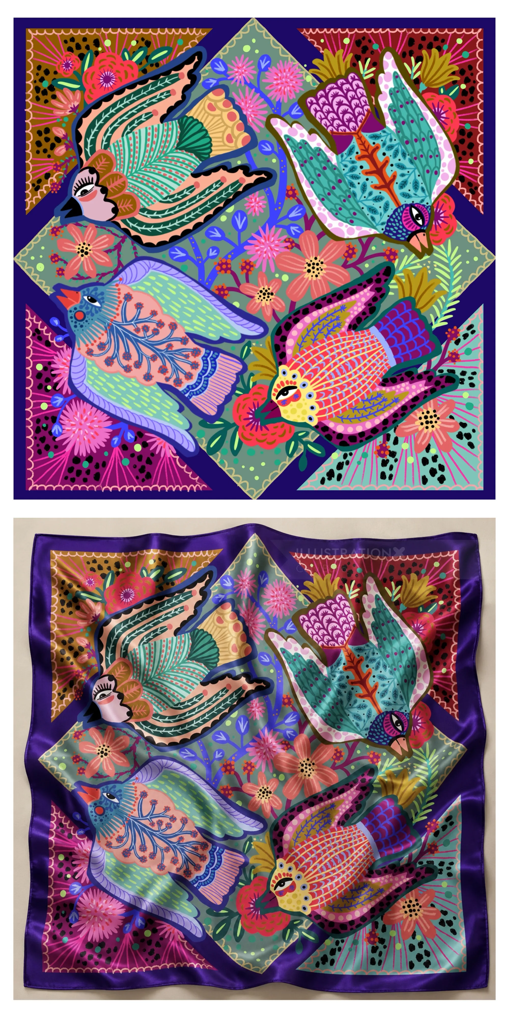 Motif d'art populaire Coty Borio avec quatre oiseaux colorés, des fleurs et un foulard en soie