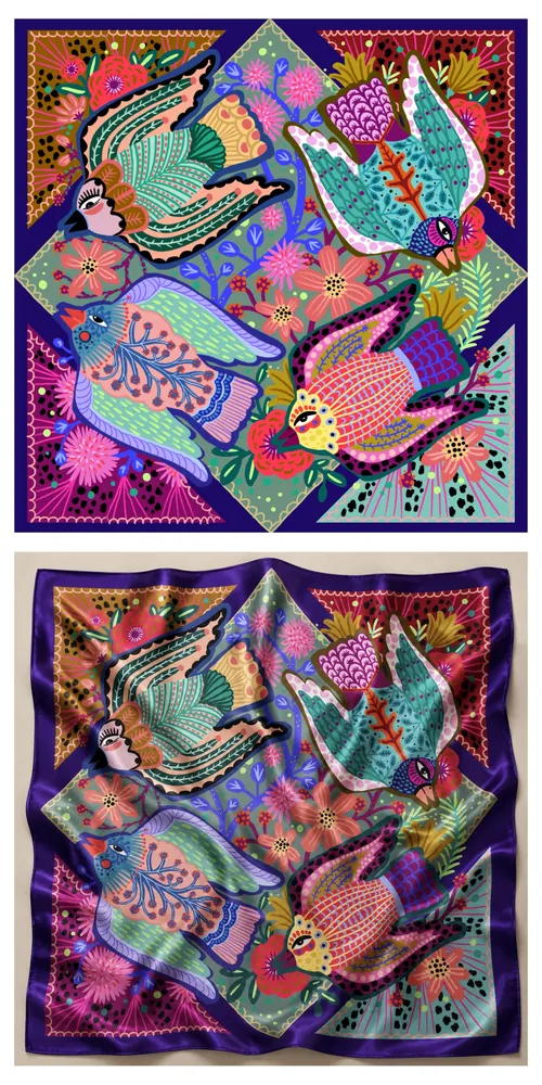 Motif d'art populaire Coty Borio avec quatre oiseaux colorés, des fleurs et un foulard en soie