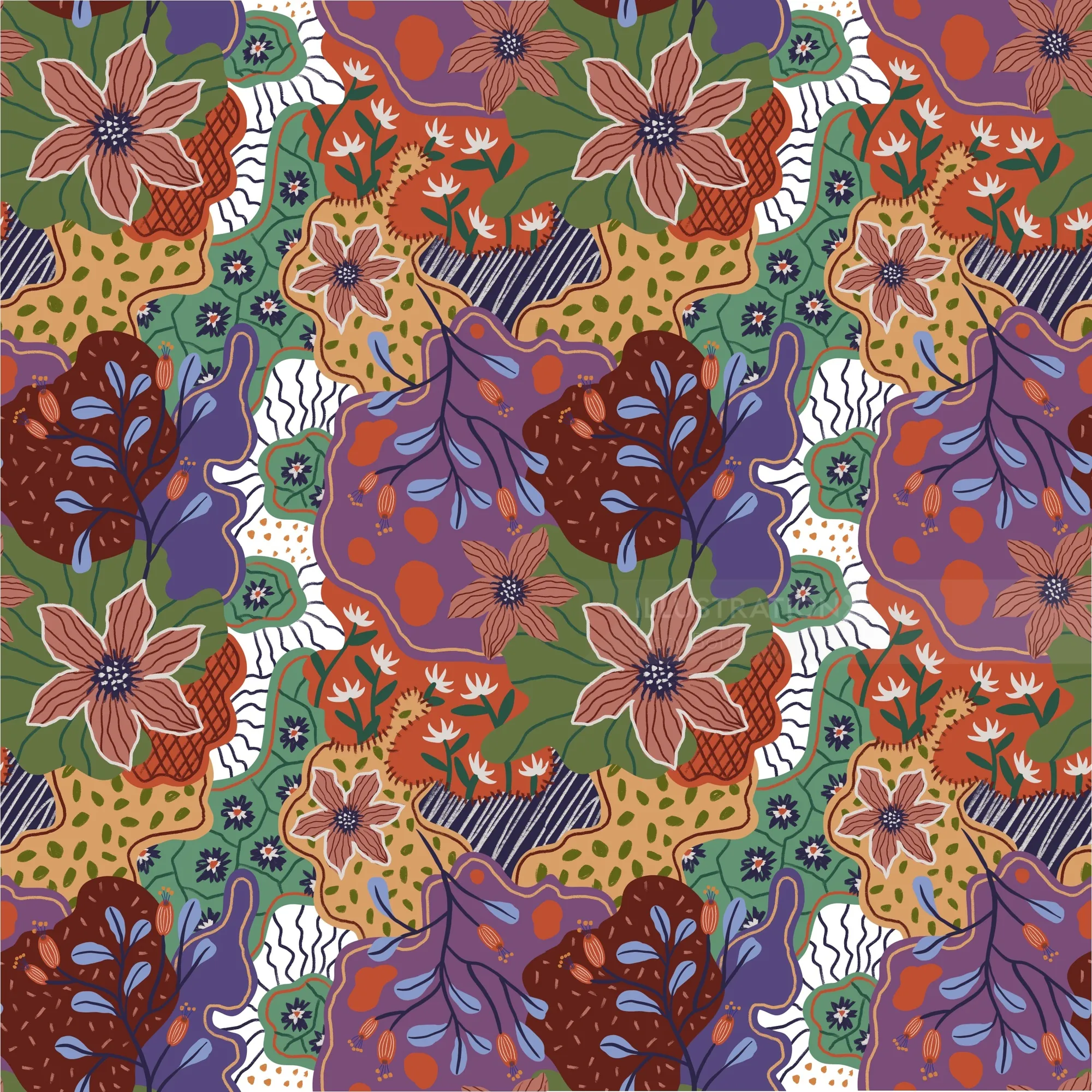 Abstract botanical seamless pattern with vibrant flowers