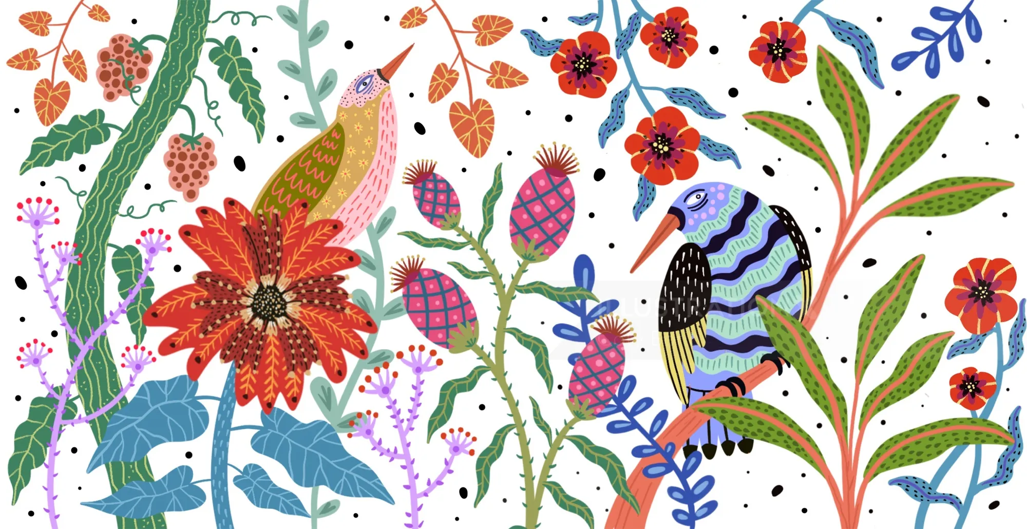 Illustration d'art populaire de Coty Borio représentant des oiseaux colorés parmi des fleurs et du feuillage