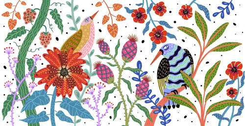 Illustration d'art populaire de Coty Borio représentant des oiseaux colorés parmi des fleurs et du feuillage