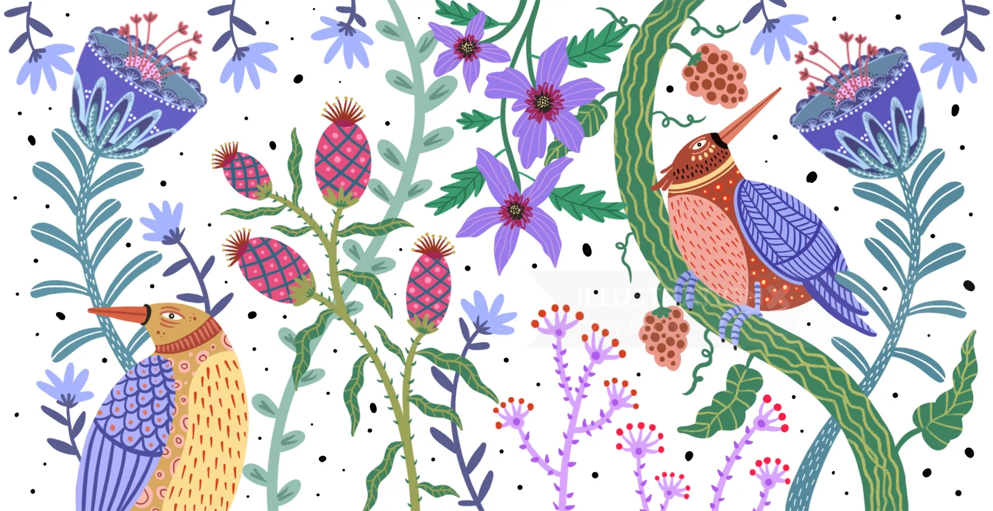 科蒂·博里奥的民间艺术插画，描绘了野花和藤蔓间色彩斑斓的鸟儿。