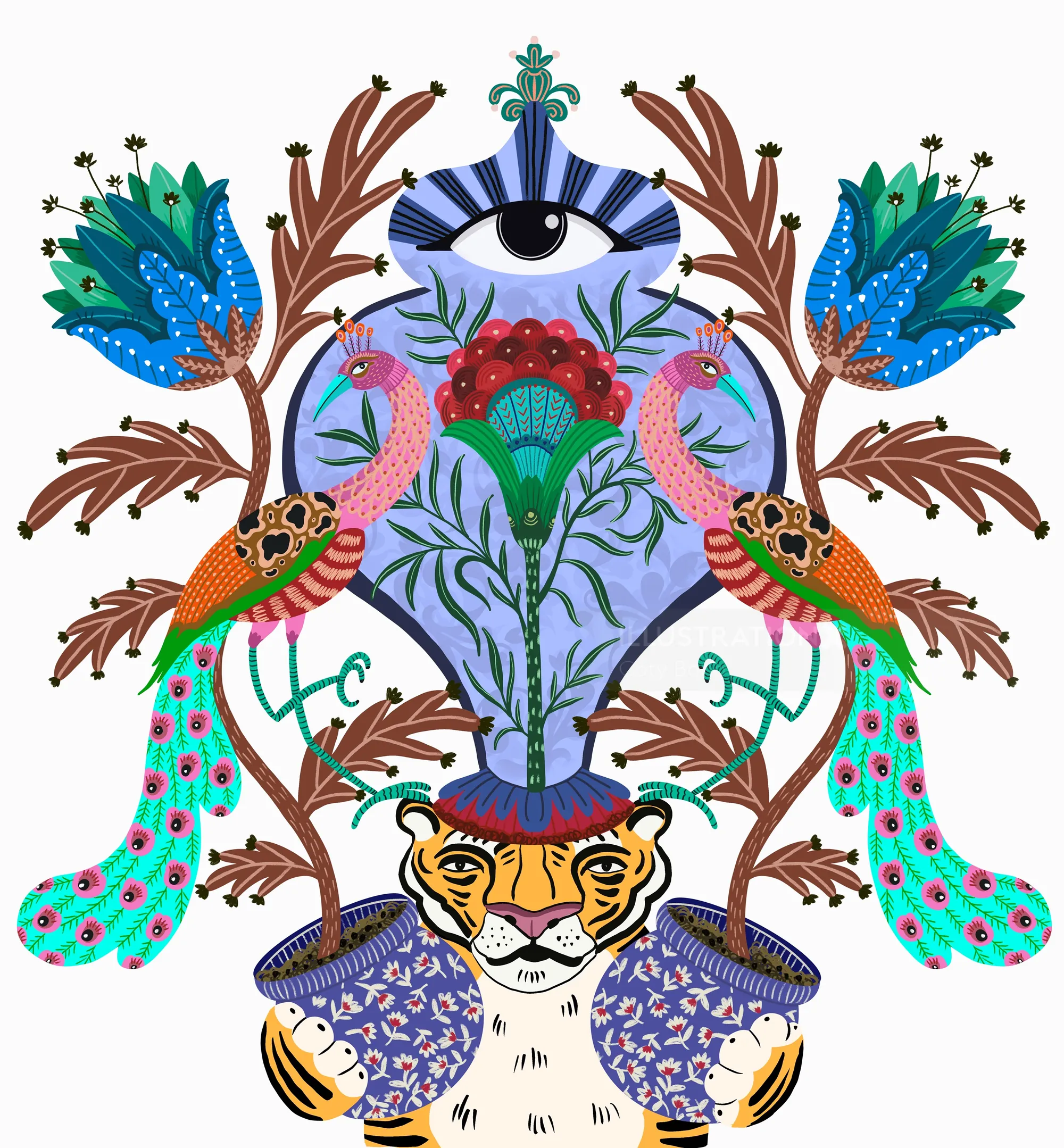 Illustration mystique du totem du tigre et du paon