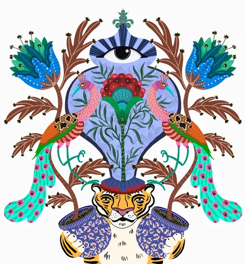 Illustration mystique du totem du tigre et du paon
