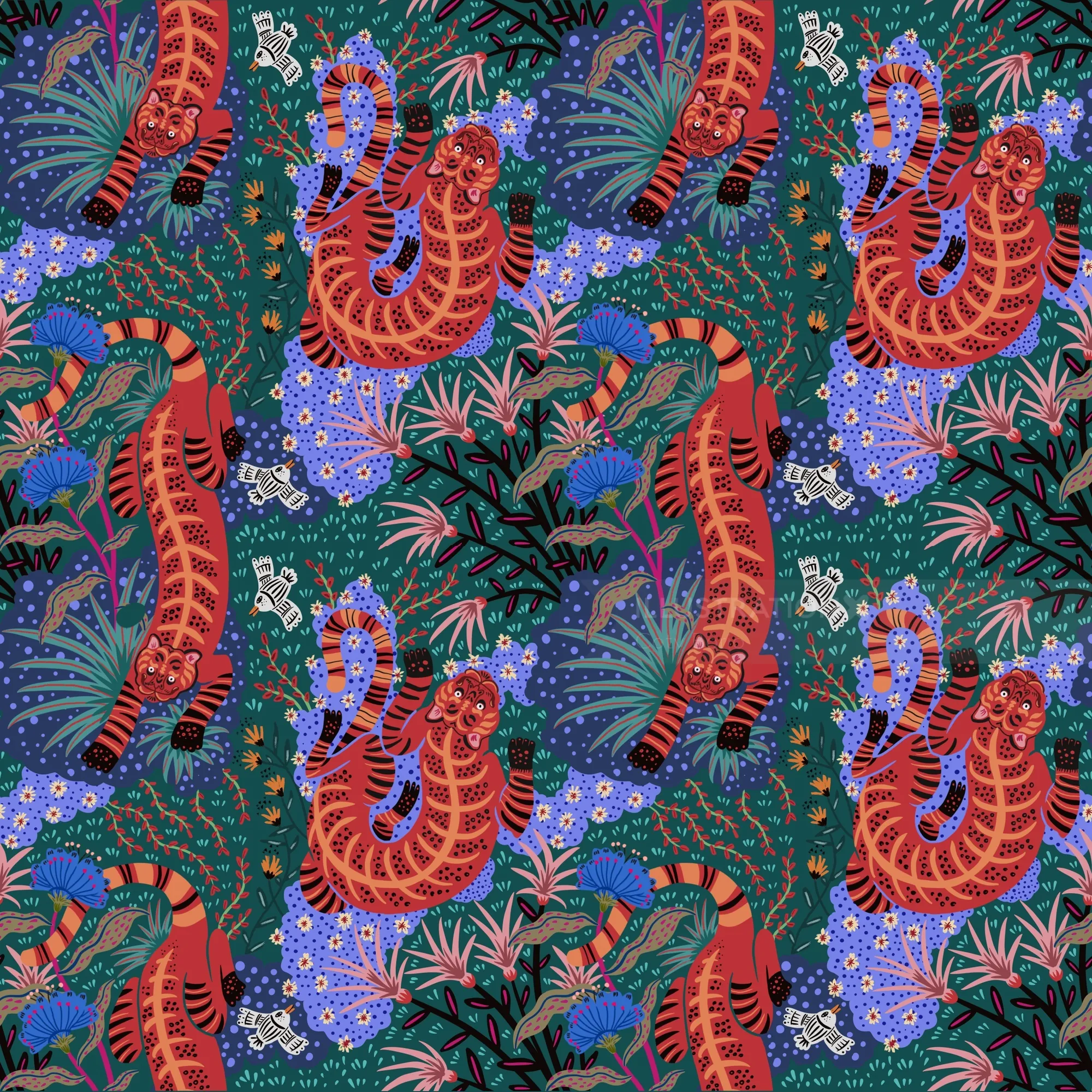 Motif vibrant de tigre et de plantes avec des détails de plumes de paon