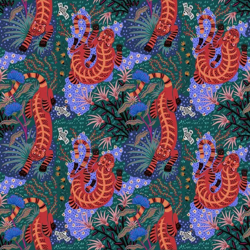 Motif vibrant de tigre et de plantes avec des détails de plumes de paon