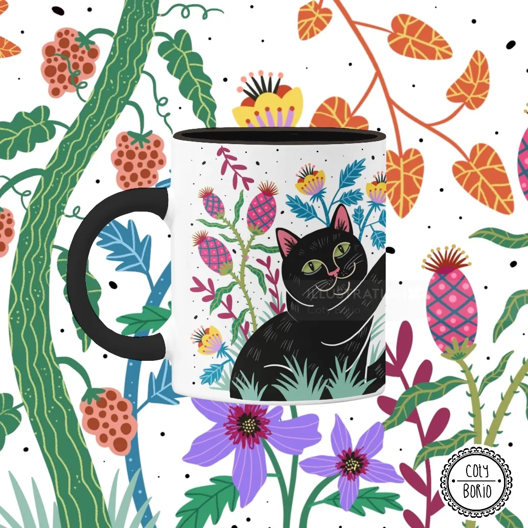 Mug botanique Coty Borio orné d'un chat noir et de fleurs sauvages colorées